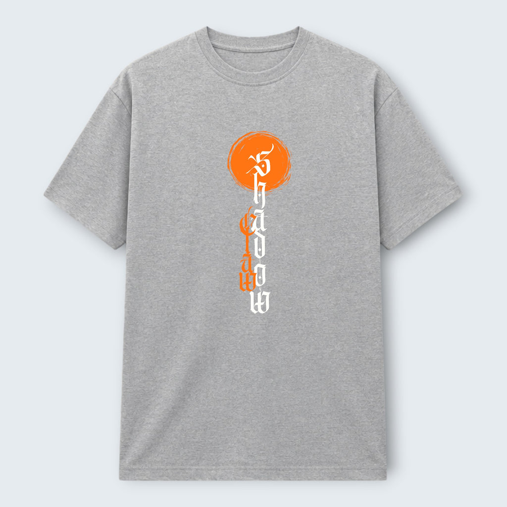WOFF unisex classic crew t-shirt in heather grey 100% cotton with a vertical orange and white graphic print.