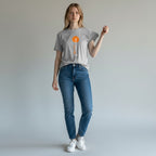 WOFF unisex classic crew t-shirt in heather grey 100% cotton with a vertical orange graphic print.