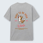 WOFF grey 100% cotton crew neck t-shirt with a cartoon wolf howling and text "BORN TO BE WILD" and "Whelp".