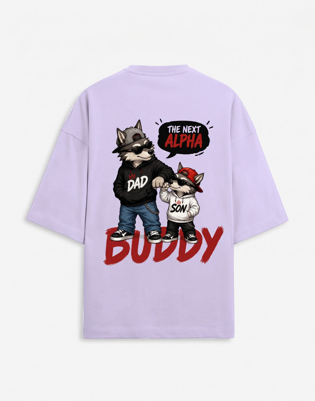 WOFF lavender oversized cotton-blend t-shirt with a back graphic of a wolf dad and son fist-bumping
