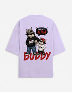 WOFF lavender oversized cotton-blend t-shirt with a back graphic of a wolf dad and son fist-bumping