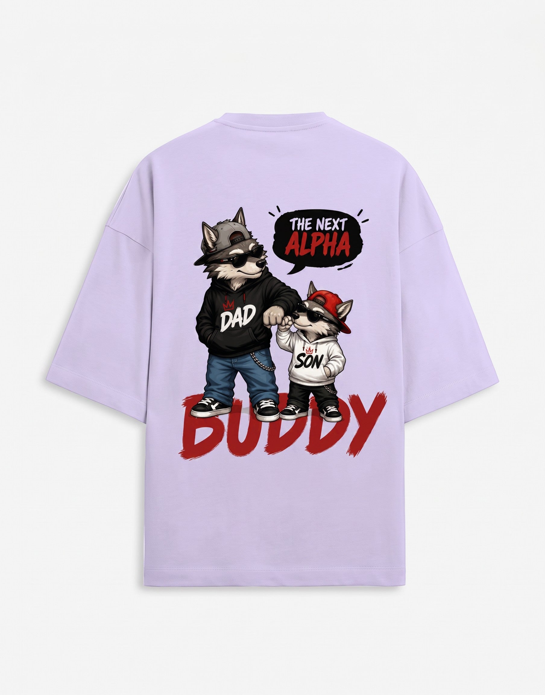 WOFF lavender oversized cotton-blend t-shirt with a back graphic of a wolf dad and son fist-bumping