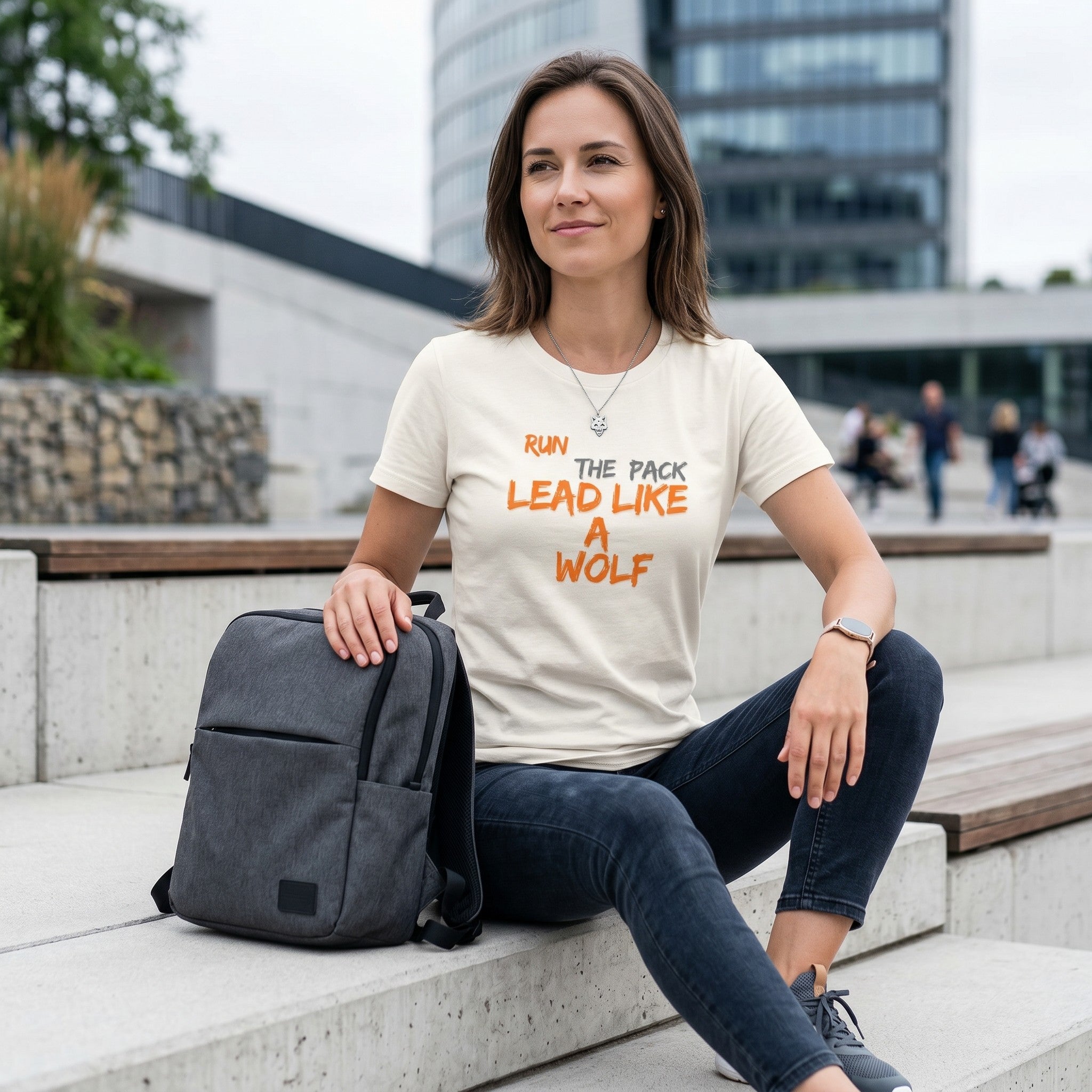 WOFF unisex cream cotton t-shirt with Run The Pack Lead Like A Wolf graphic print worn by a woman with a backpack