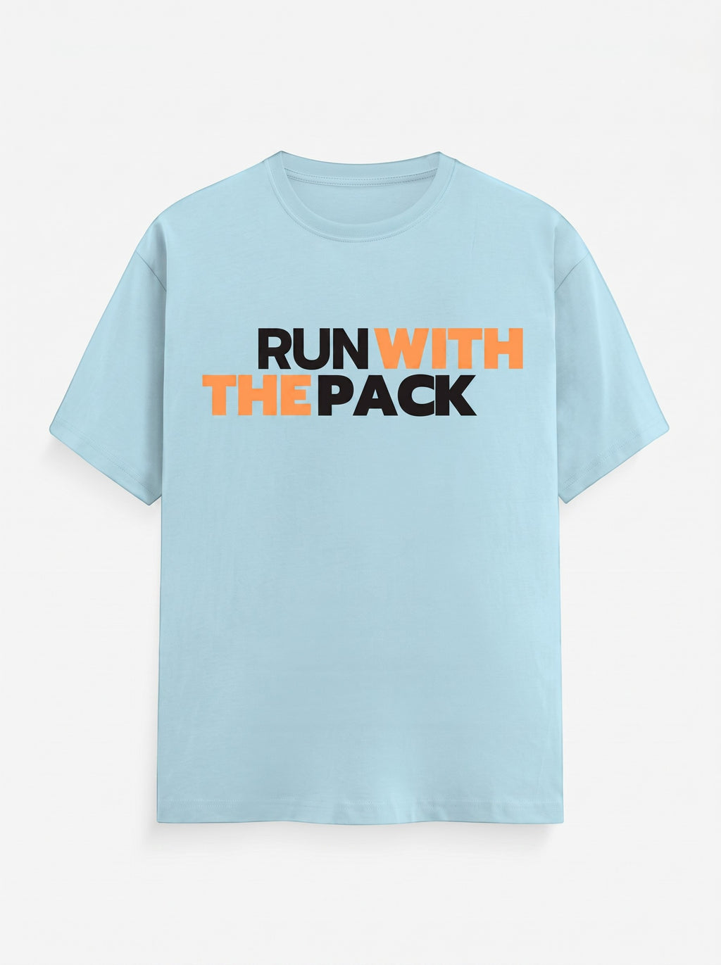 WOFF light blue cotton crew neck t-shirt featuring Run With The Pack graphic in black and orange text.