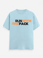 WOFF light blue cotton crew neck t-shirt featuring Run With The Pack graphic in black and orange text.