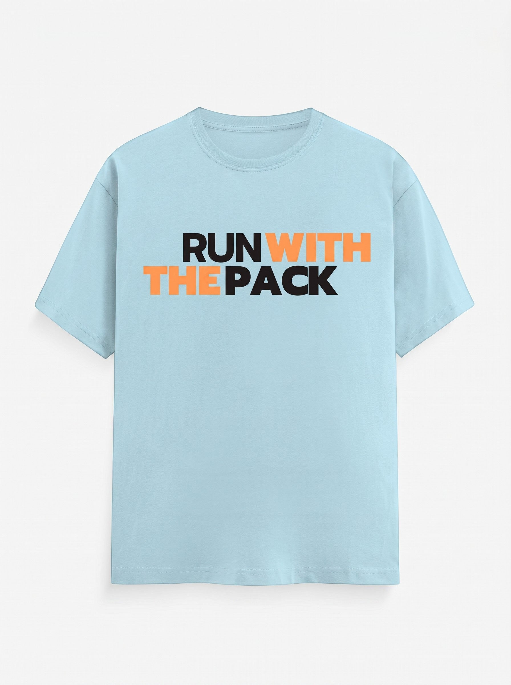 WOFF light blue cotton crew neck t-shirt featuring Run With The Pack graphic in black and orange text.