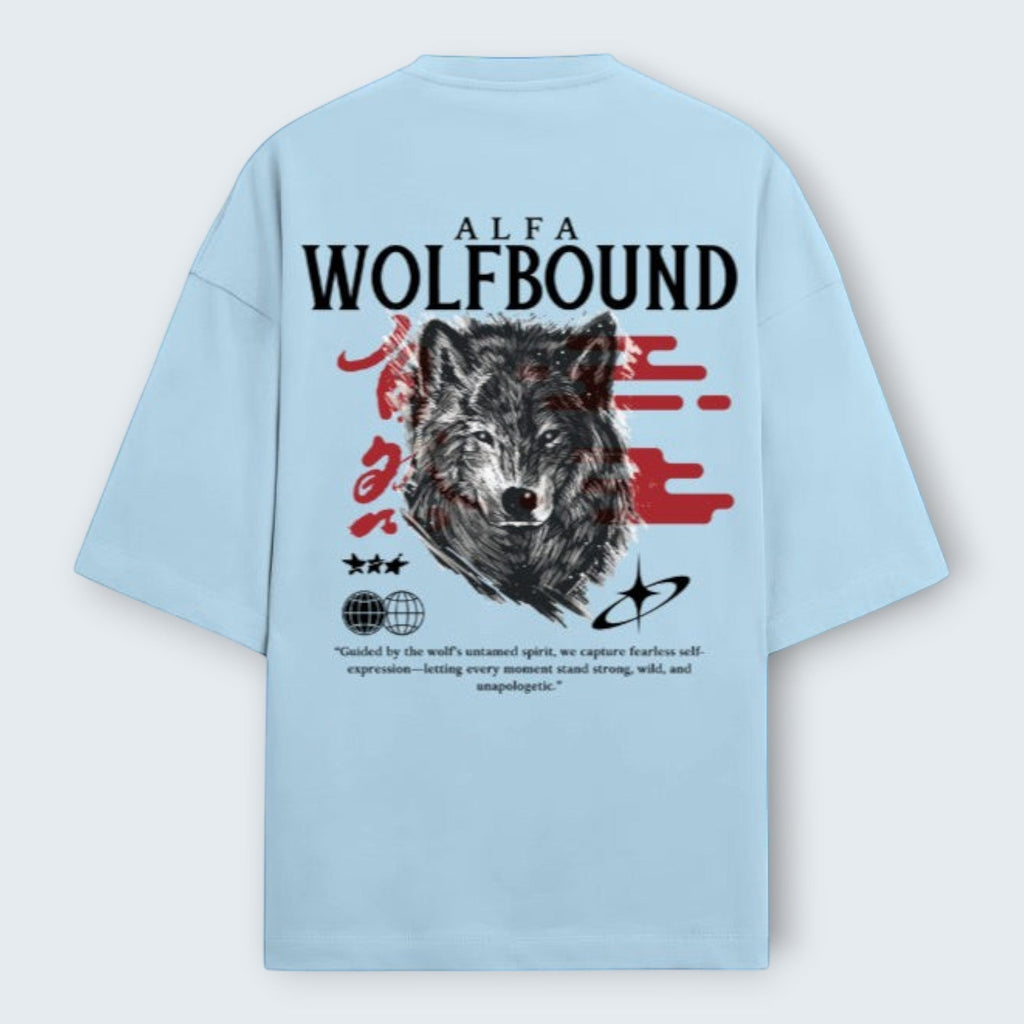 WOFF unisex light blue oversized terry t-shirt featuring a wolf graphic print and Japanese-inspired text on the back.
