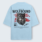 WOFF unisex light blue oversized terry t-shirt featuring a wolf graphic print and Japanese-inspired text on the back.