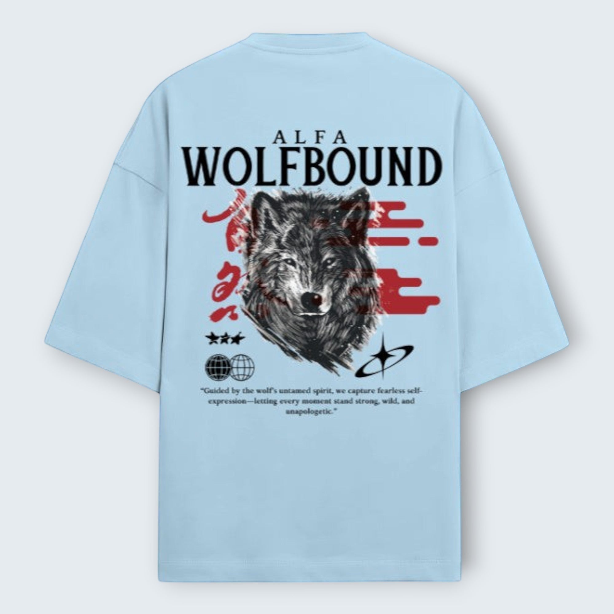 WOFF unisex light blue oversized terry t-shirt featuring a wolf graphic print and Japanese-inspired text on the back.