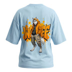 WOFF light blue oversized terry cotton t-shirt with a back graphic of an anthropomorphic wolf in an orange hoodie