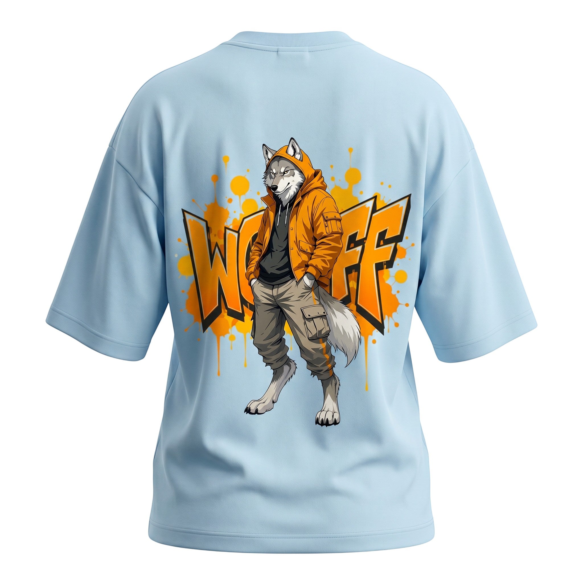 WOFF light blue oversized terry cotton t-shirt with a back graphic of an anthropomorphic wolf in an orange hoodie
