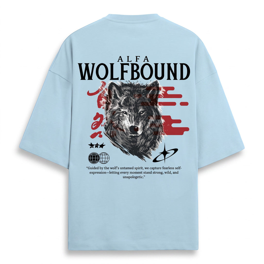 WOFF light blue oversized terry cotton t-shirt with back graphic of a wolf and Alfa Wolfbound text
