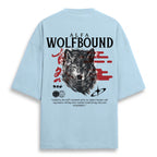 WOFF light blue oversized terry cotton t-shirt with back graphic of a wolf and Alfa Wolfbound text