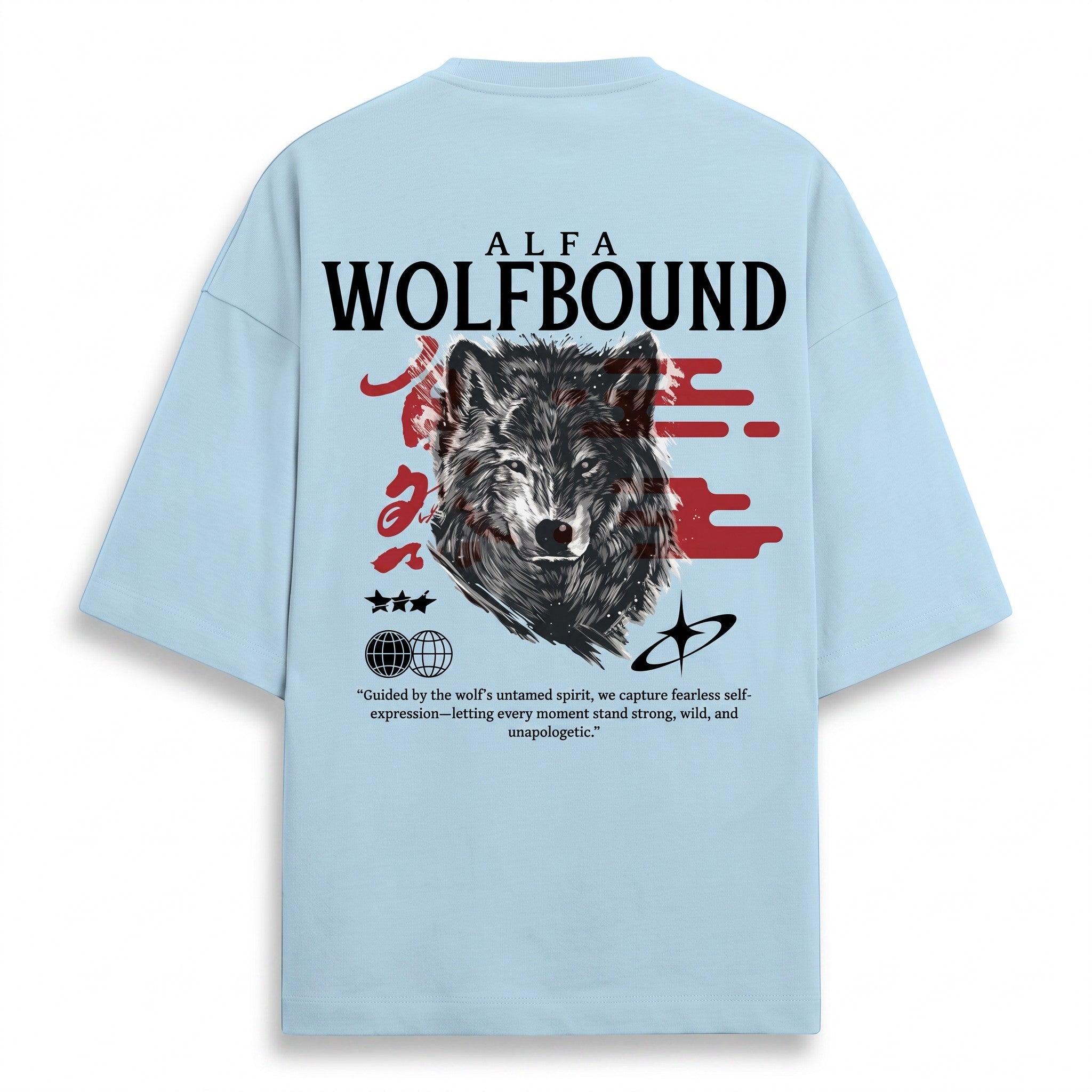 WOFF light blue oversized terry cotton t-shirt with back graphic of a wolf and Alfa Wolfbound text