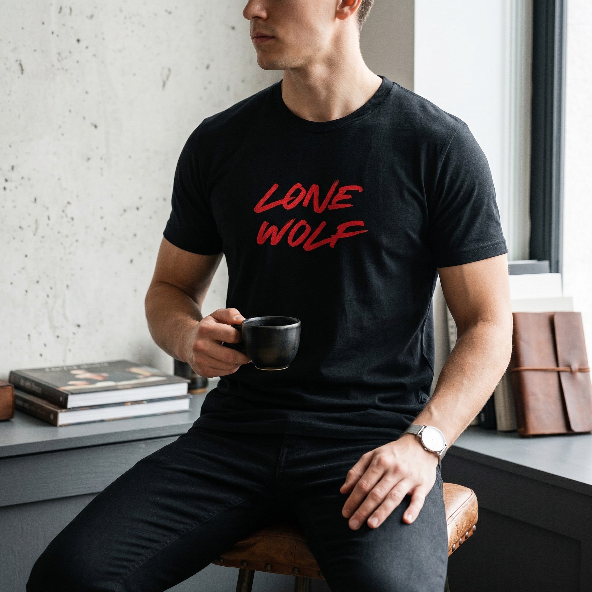 WOFF unisex black cotton crew neck t-shirt with red Lone Wolf graphic print worn by a man holding a coffee cup