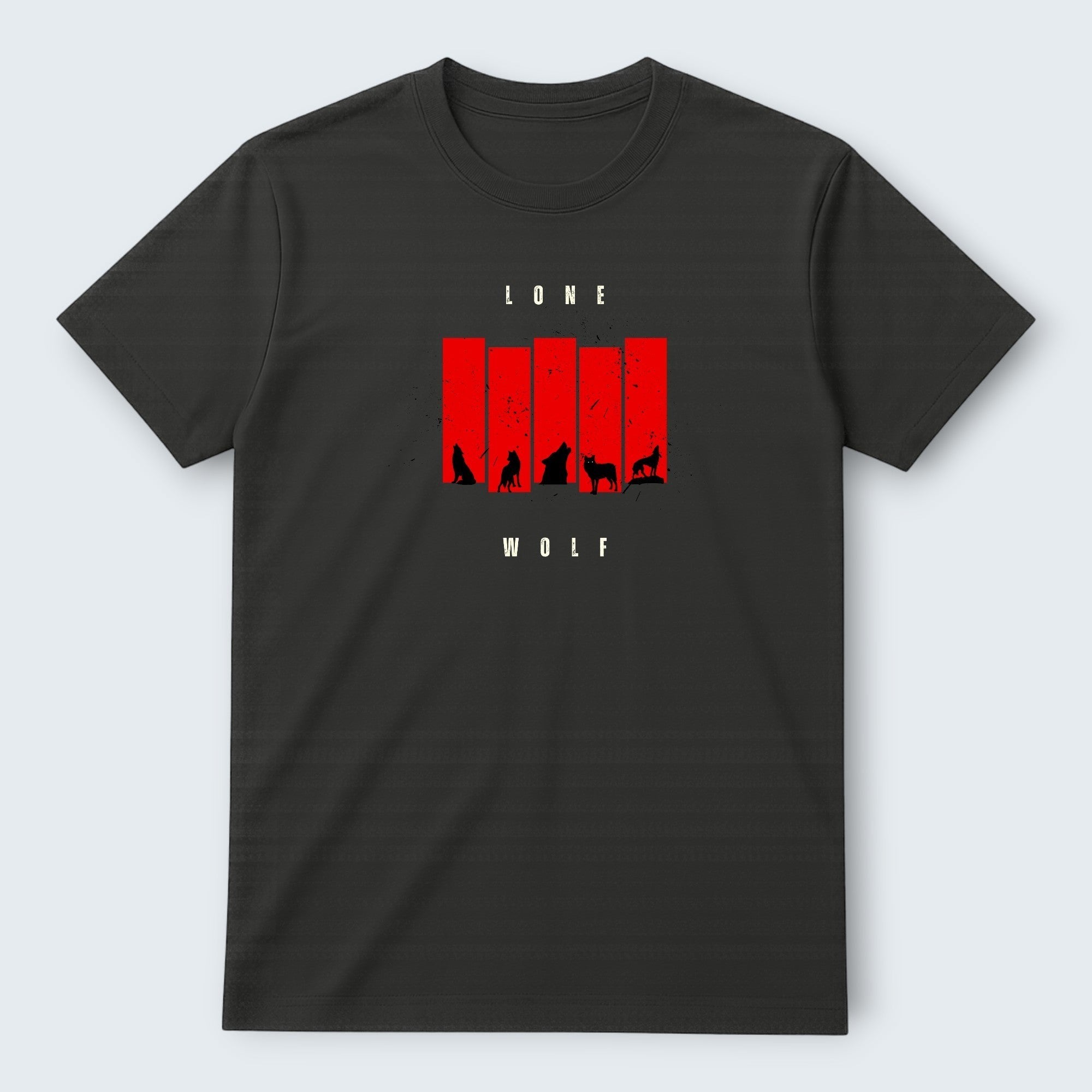WOFF black 100% cotton t-shirt with red graphic featuring the words LONE WOLF and silhouettes of wolves.