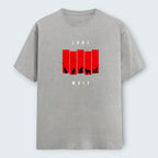 WOFF grey 100% cotton t-shirt with a red graphic featuring wolf silhouettes and the words LONE WOLF.