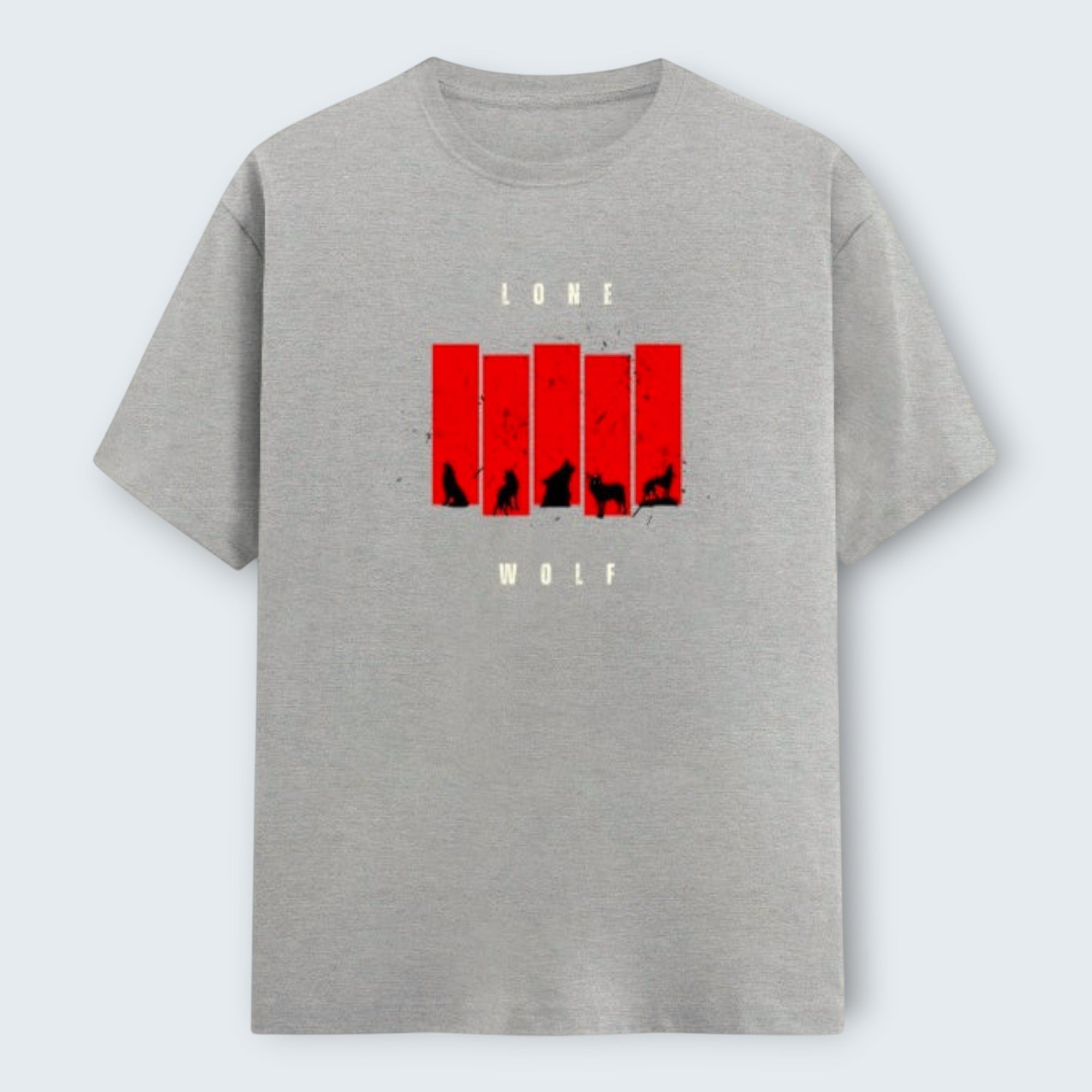 WOFF grey 100% cotton t-shirt with a red graphic featuring wolf silhouettes and the words LONE WOLF.