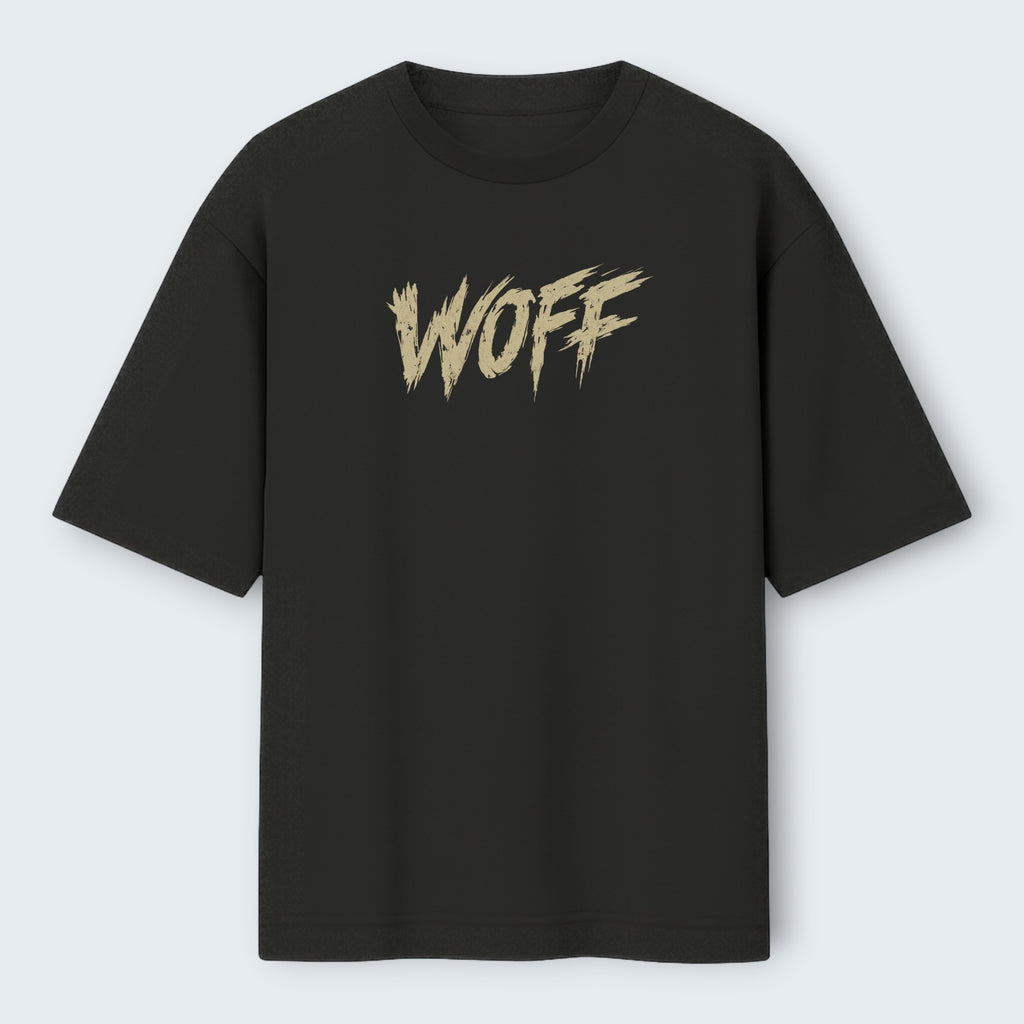 WOFF Lone Wolf oversized black cotton t-shirt with a distressed beige logo graphic on the chest