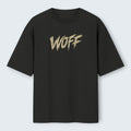 WOFF Lone Wolf oversized black cotton t-shirt with a distressed beige logo graphic on the chest