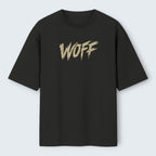 WOFF Lone Wolf oversized black cotton t-shirt with a distressed beige logo graphic on the chest