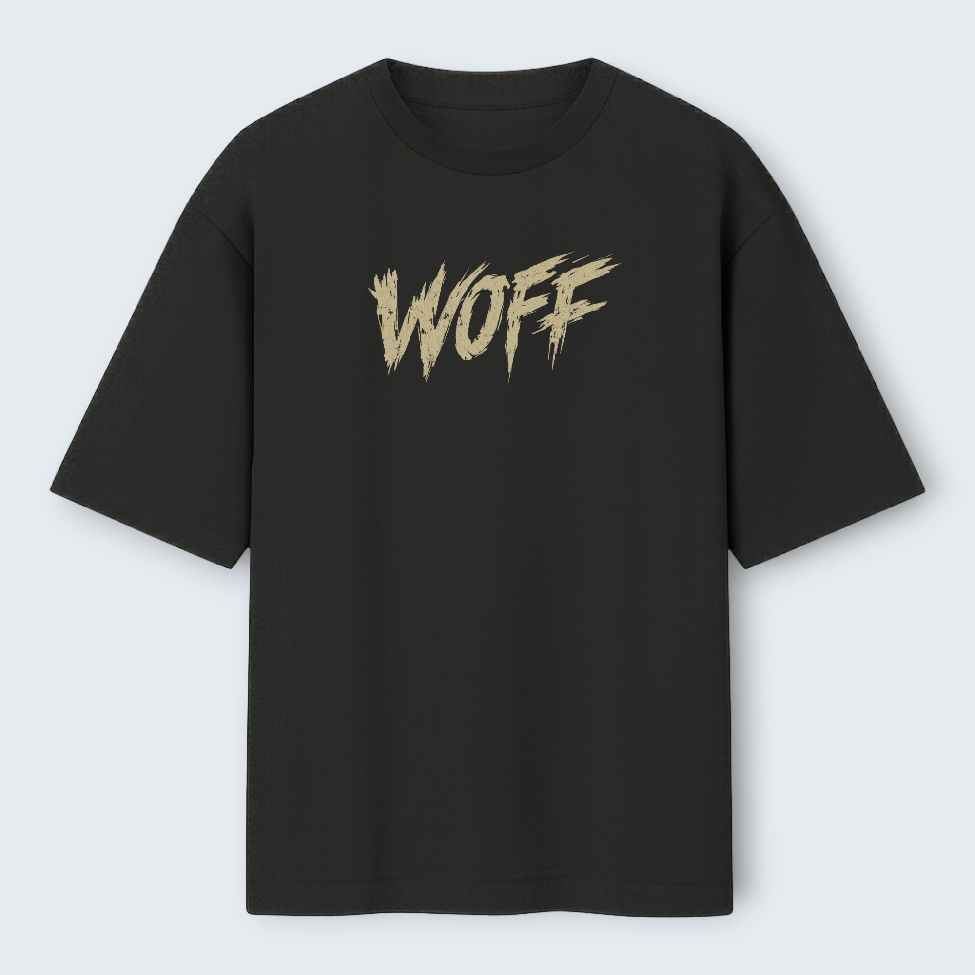 WOFF Lone Wolf oversized black cotton t-shirt with a distressed beige logo graphic on the chest
