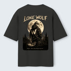WOFF Lone Wolf oversized cotton t-shirt in charcoal grey featuring a graphic print of a wolf in a hoodie under a moon