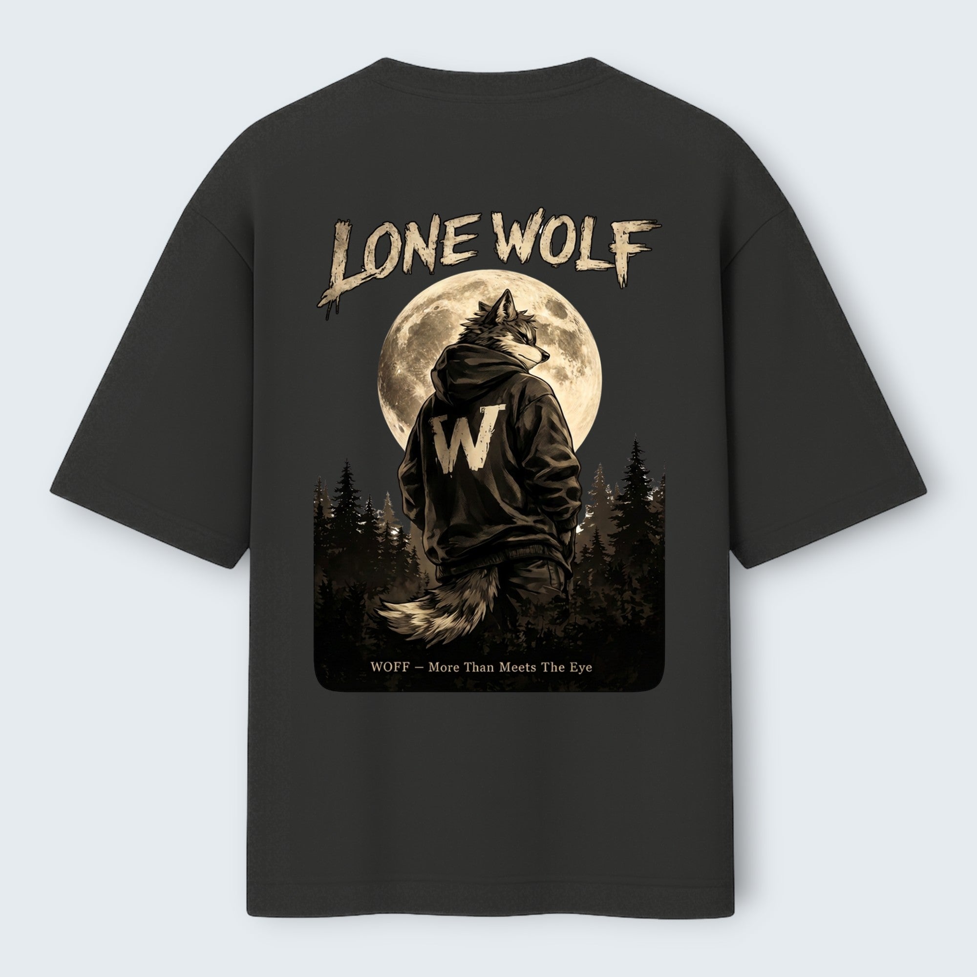 WOFF Lone Wolf oversized cotton t-shirt in charcoal grey featuring a graphic print of a wolf in a hoodie under a moon