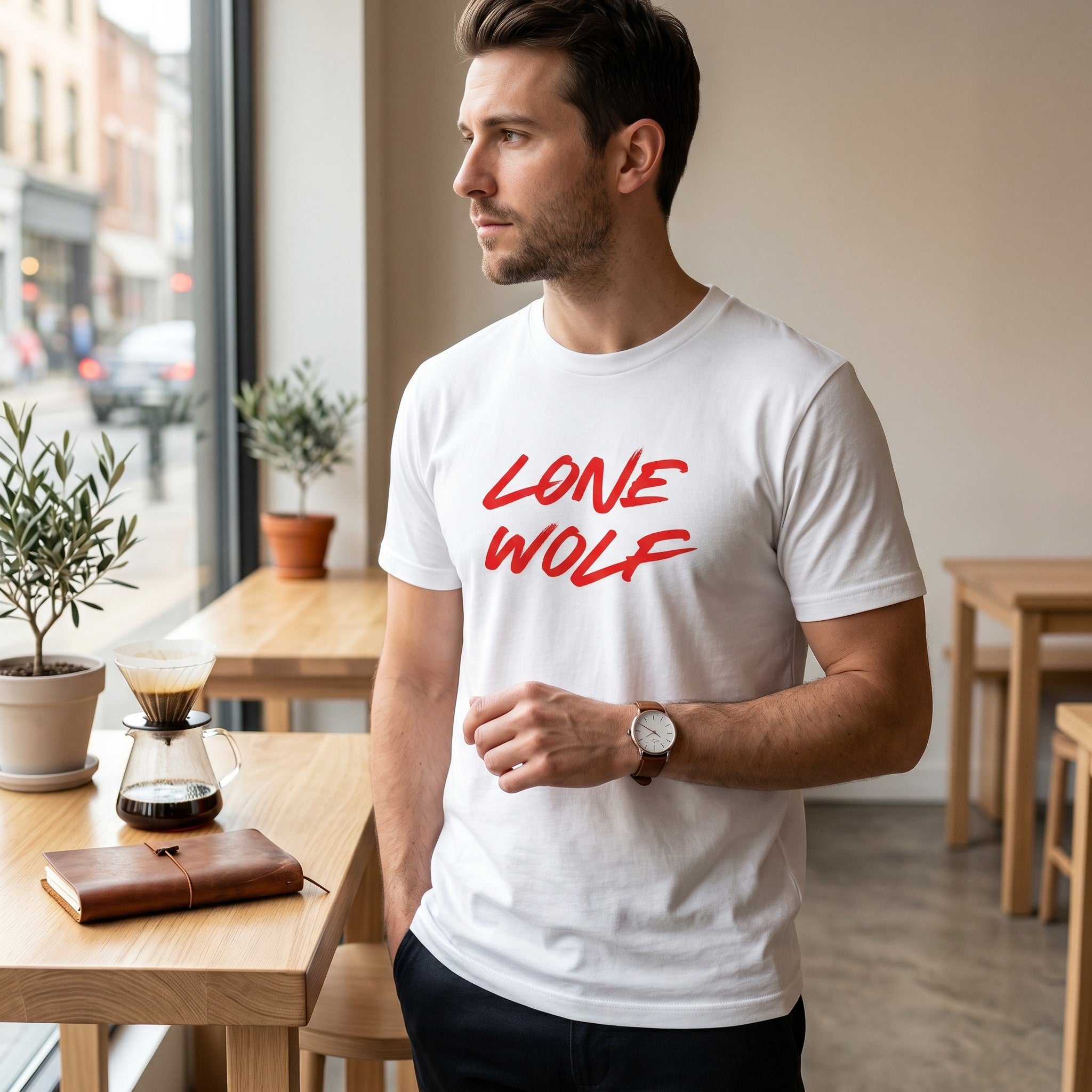 Man wearing a white WOFF Lone Wolf crew neck cotton t-shirt with red graphic text, standing in a bright cafe.