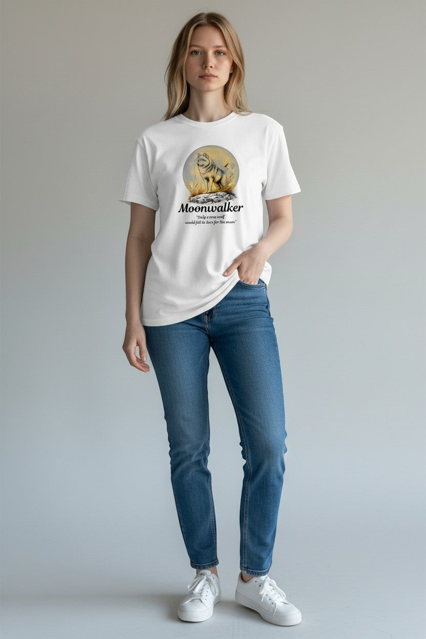 WOFF white 100% cotton unisex regular fit t-shirt with 'Moonwalker' graphic of a wolf sitting before a full moon.