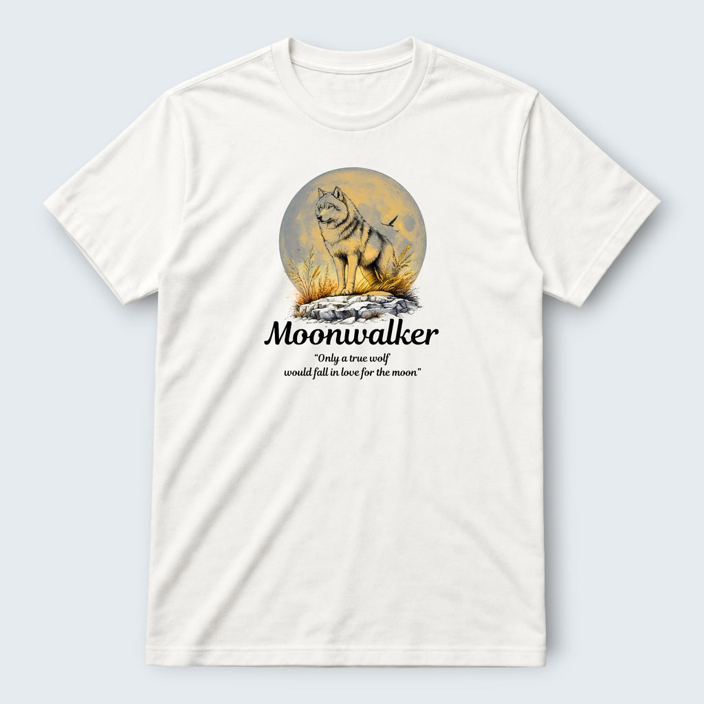 WOFF white 100% cotton unisex regular fit Moonwalker crew t-shirt with wolf graphic and moon.