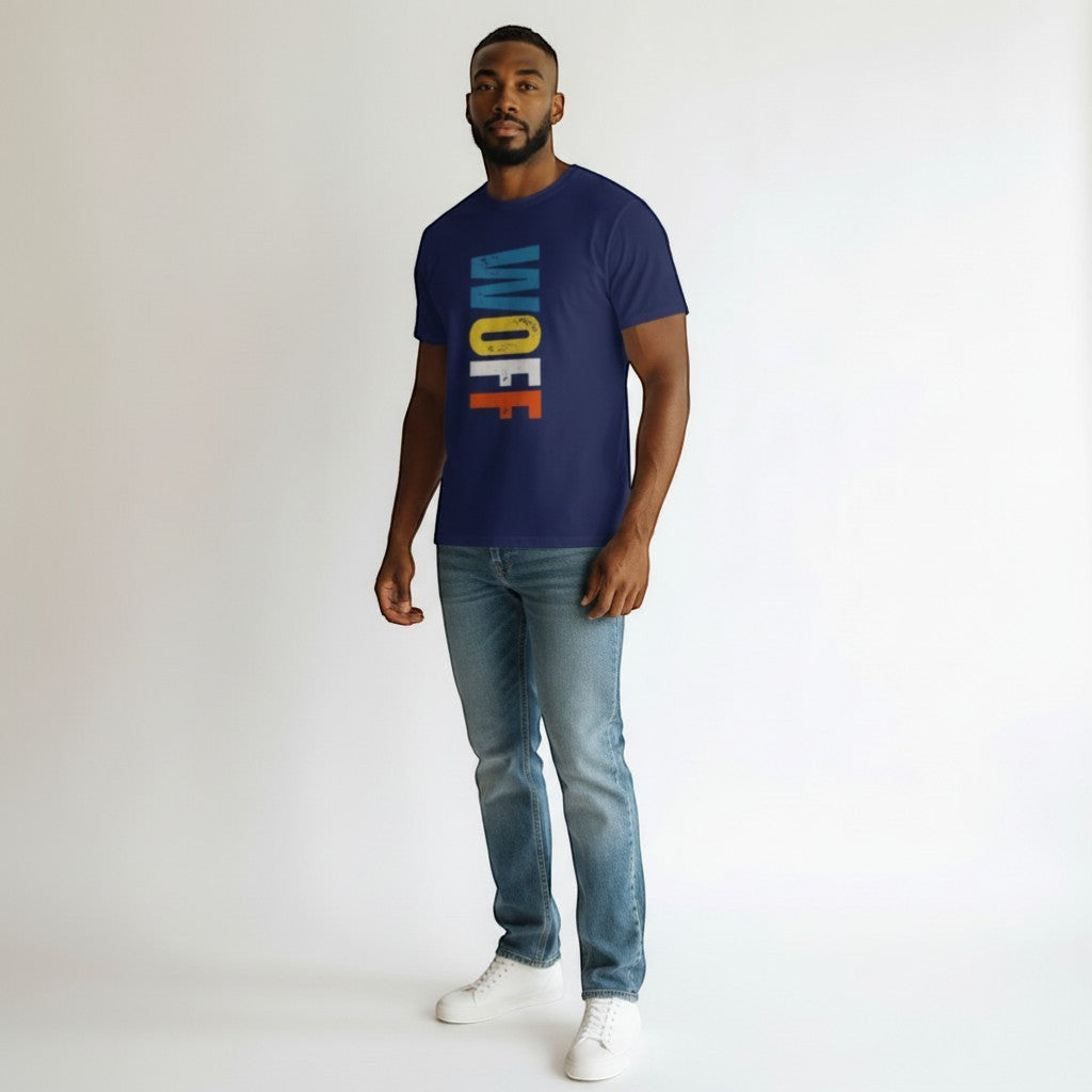 WOFF navy blue 100% cotton t-shirt with vertical distressed "WOFF" graphic in blue, yellow, white, and orange.