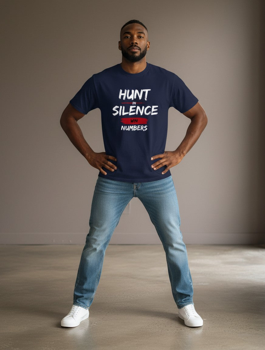 WOFF navy blue cotton crew neck t-shirt with Hunt In Silence Win Numbers graphic print worn by a man in jeans