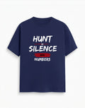 WOFF navy blue cotton unisex crew neck t-shirt with white and red Hunt in Silence Win Numbers graphic print