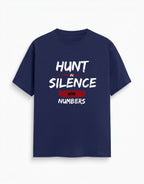 WOFF navy blue cotton unisex crew neck t-shirt with white and red Hunt in Silence Win Numbers graphic print