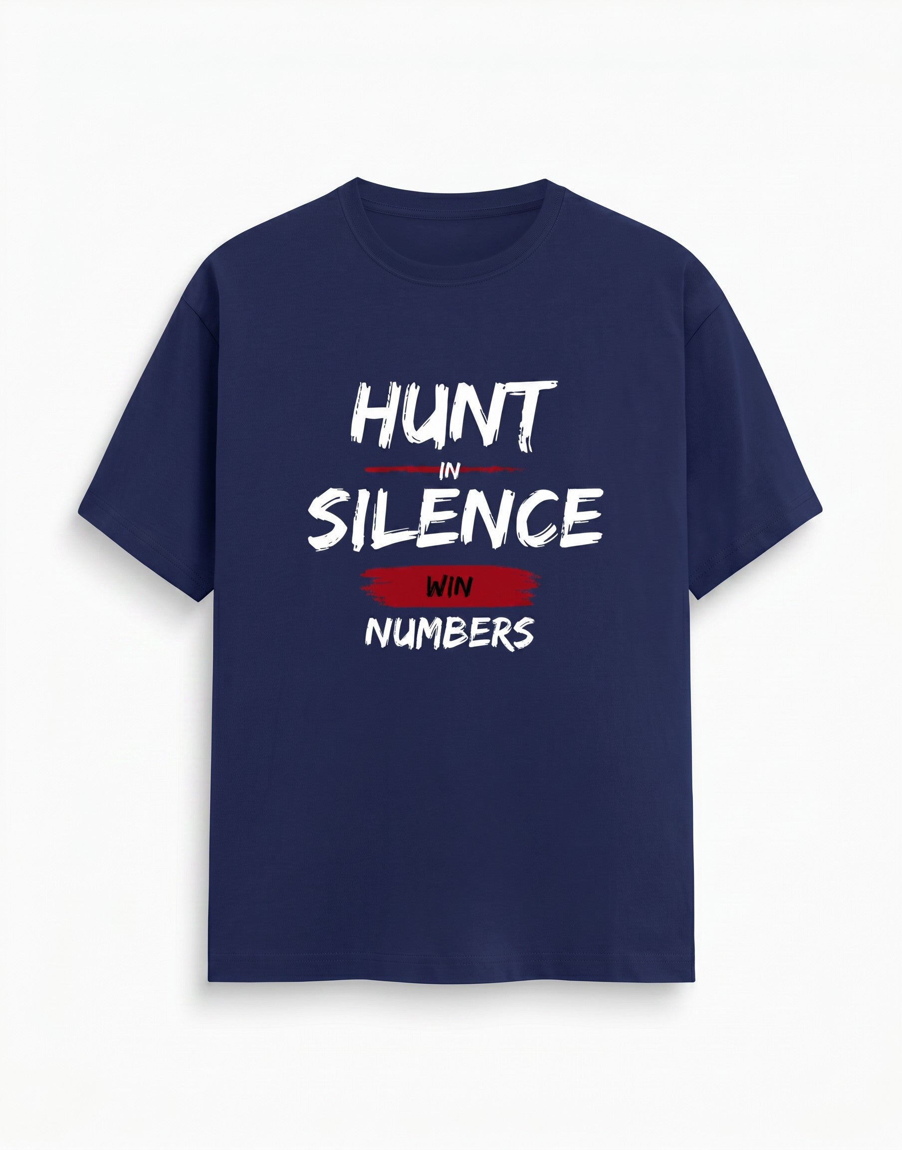 WOFF navy blue cotton unisex crew neck t-shirt with white and red Hunt in Silence Win Numbers graphic print