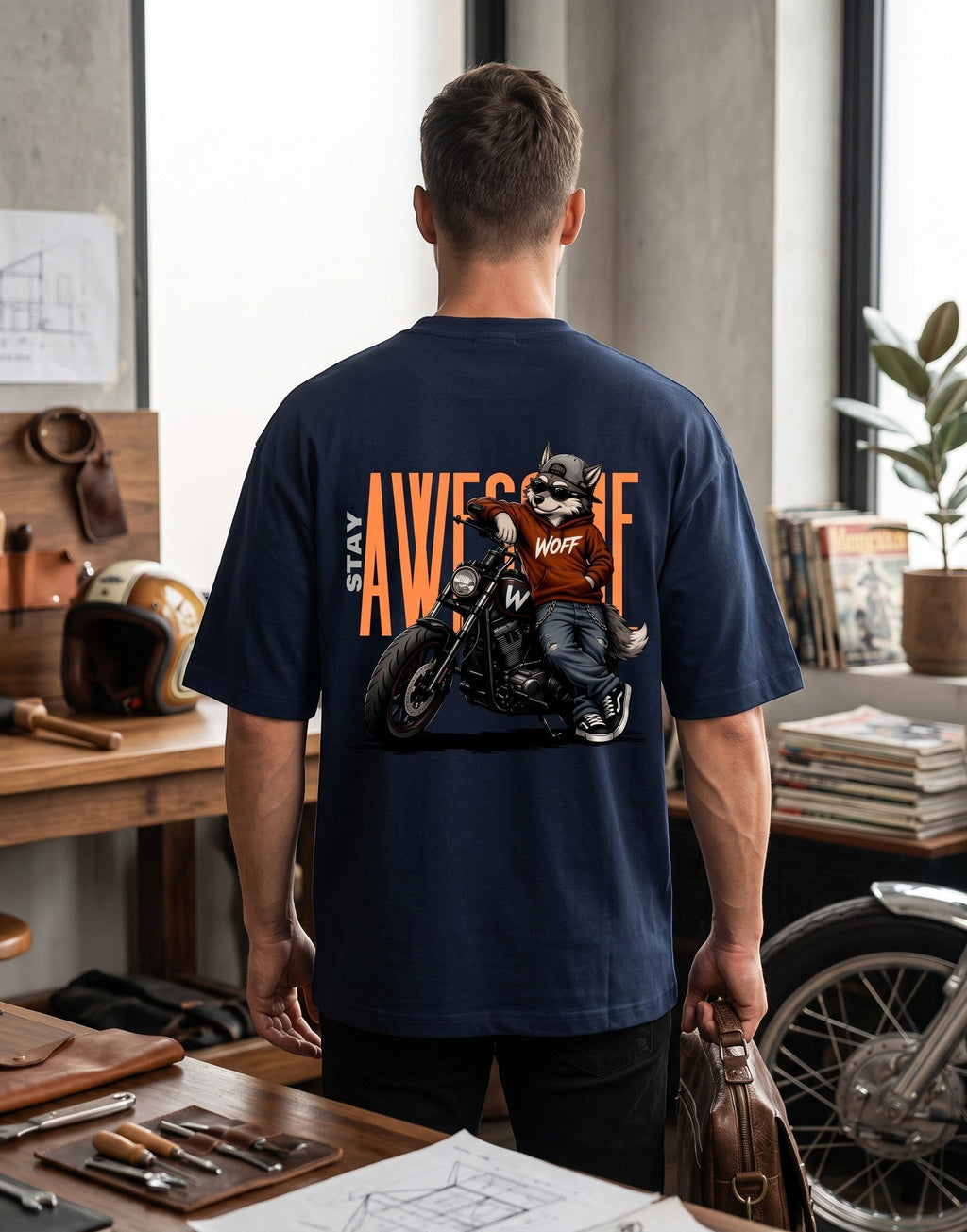 WOFF navy oversized cotton-blend t-shirt with drop shoulders and a graphic print of a wolf on a motorcycle
