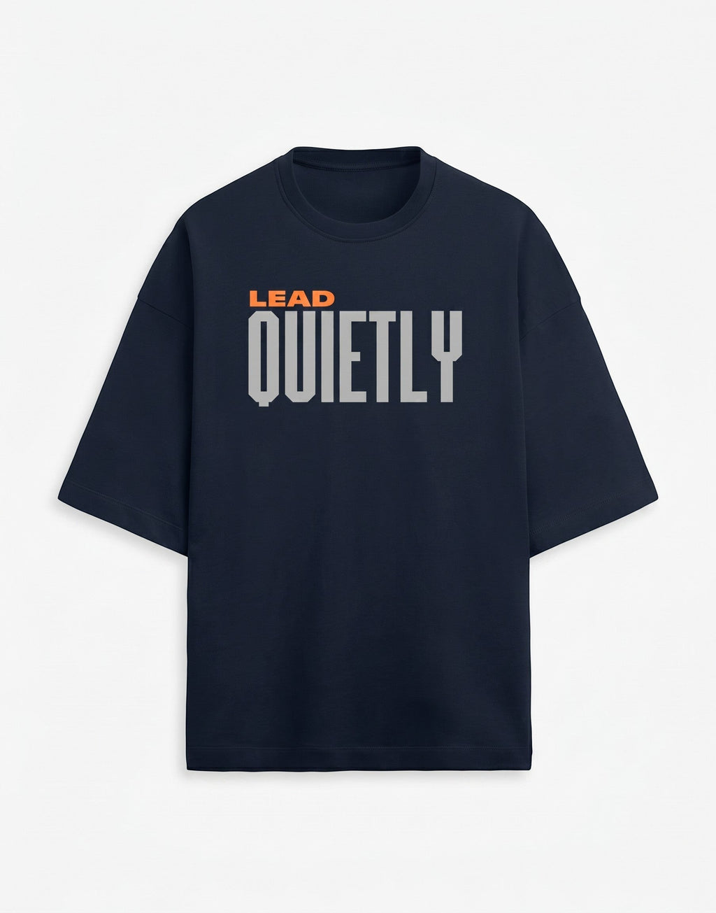 WOFF navy oversized unisex tee with drop shoulders and Lead Quietly graphic in orange and grey text.