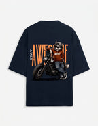 WOFF navy oversized cotton tee with a graphic print of a wolf on a motorcycle and the text Stay Awesome on the back
