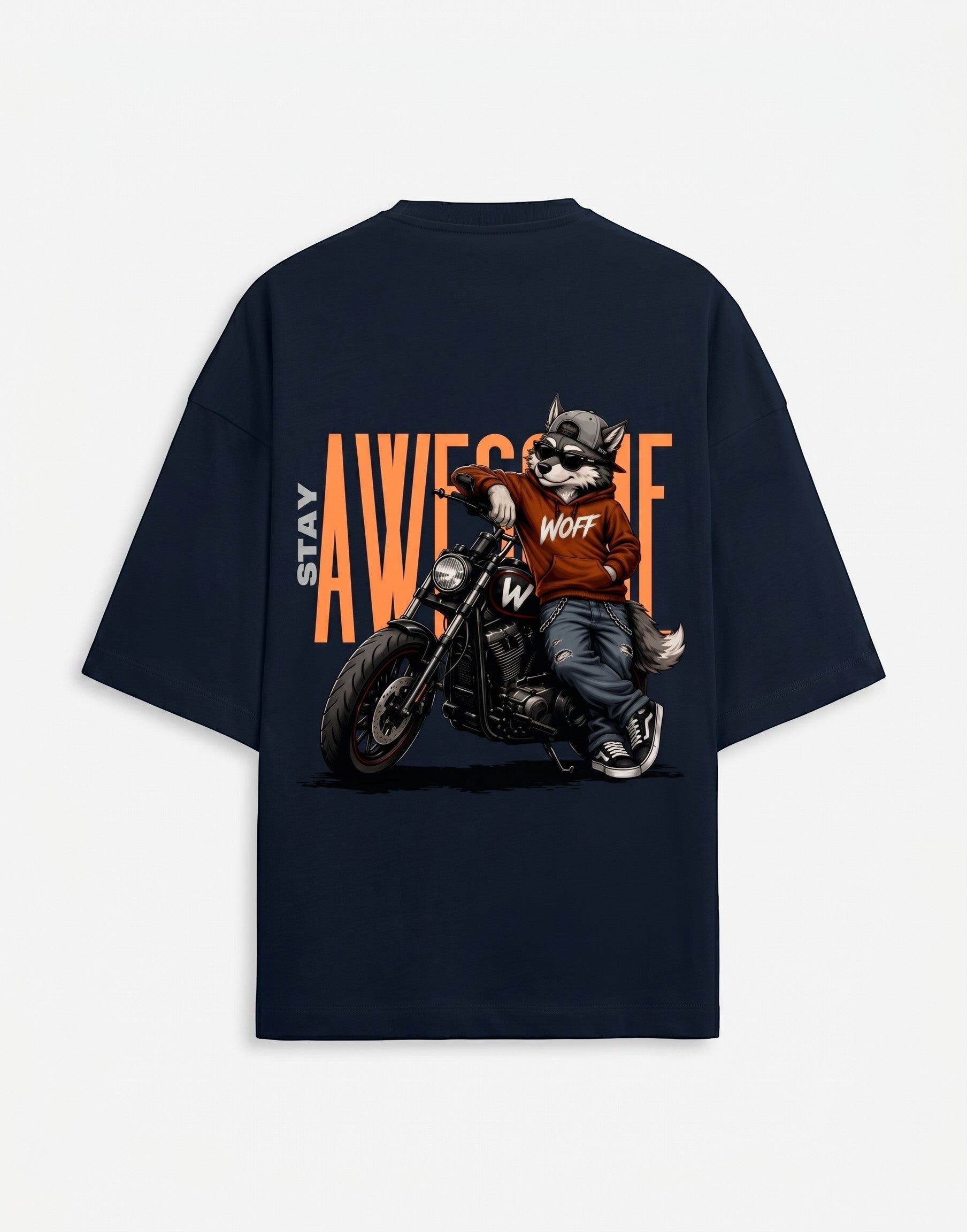 WOFF navy oversized cotton tee with a graphic print of a wolf on a motorcycle and the text Stay Awesome on the back