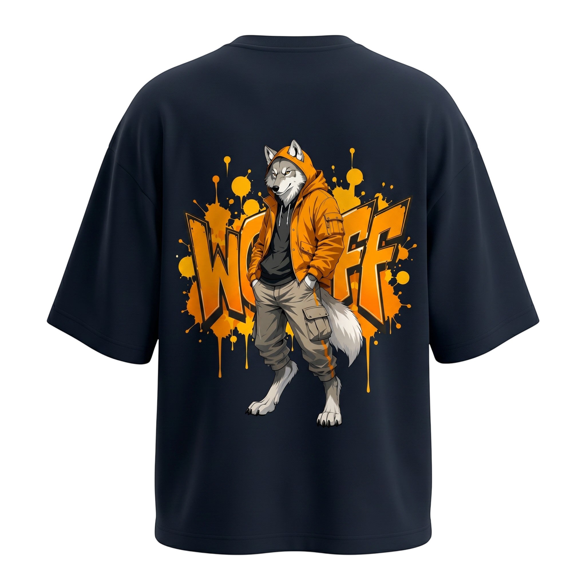 WOFF unisex oversized terry tee in navy blue with a graphic wolf print in orange and grey on the back