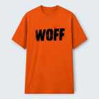 WOFF Classic unisex t-shirt in vibrant orange cotton with a distressed black logo graphic on the chest