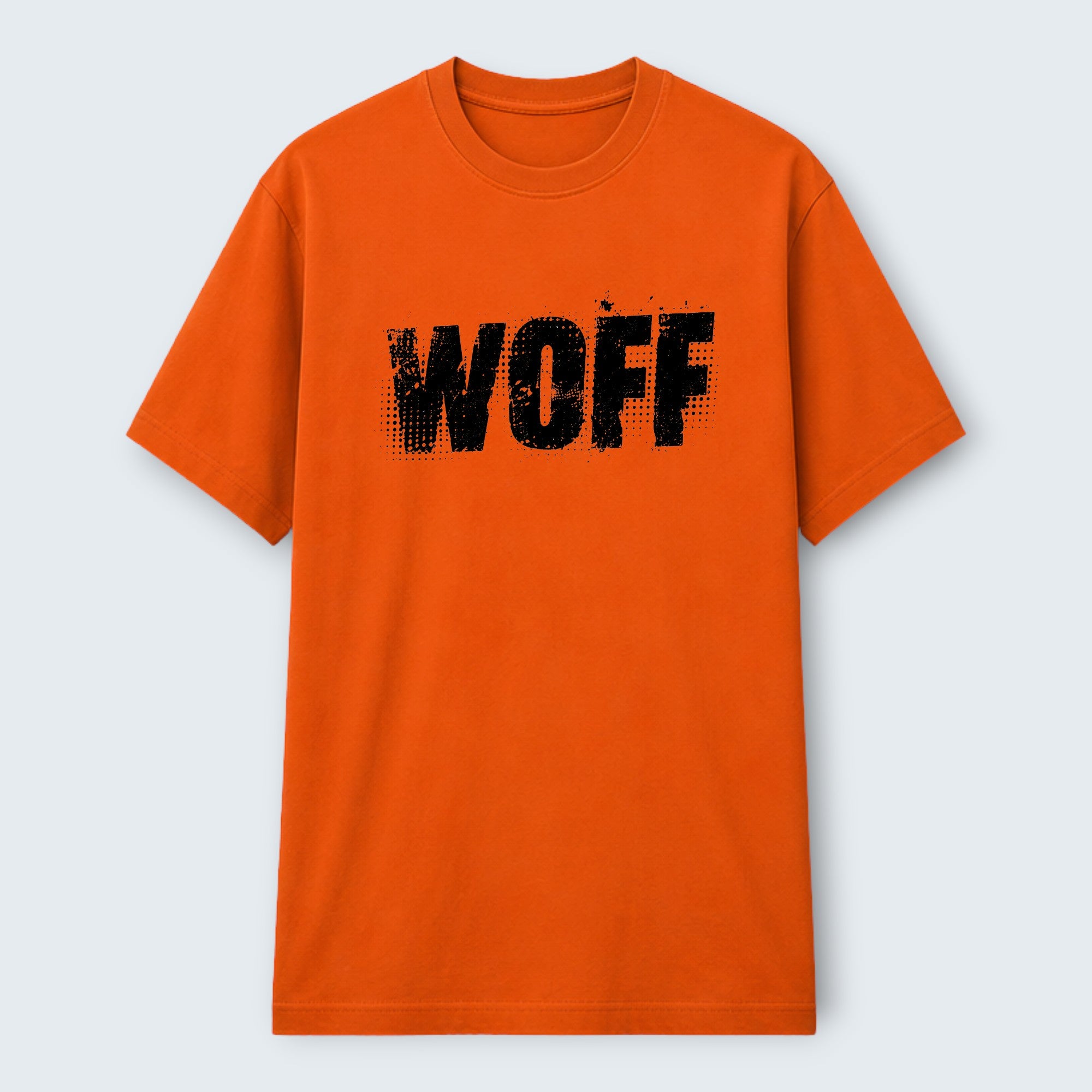WOFF Classic unisex t-shirt in vibrant orange cotton with a distressed black logo graphic on the chest