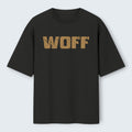 WOFF oversized black cotton t-shirt with a distressed tan logo print on the chest