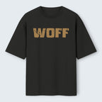 WOFF oversized black cotton t-shirt with a distressed tan logo print on the chest