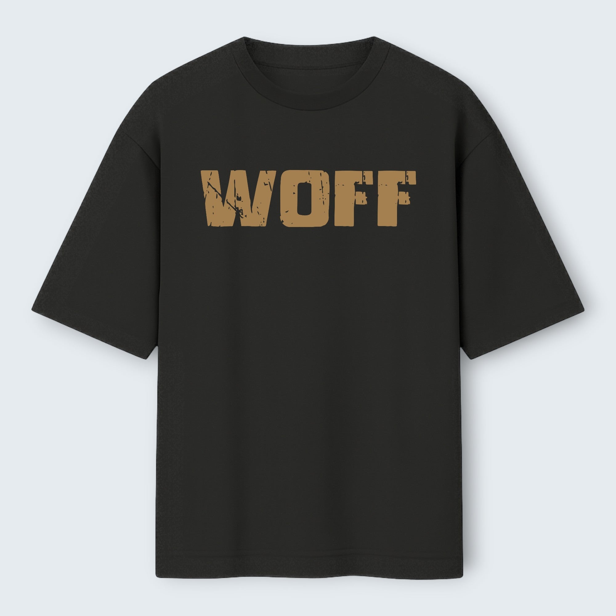 WOFF oversized black cotton t-shirt with a distressed tan logo print on the chest