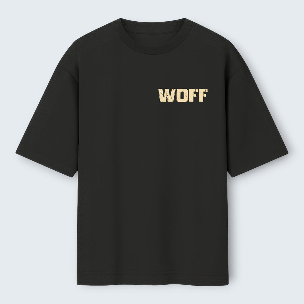 WOFF Territory oversized black cotton t-shirt with a distressed logo print on the chest.