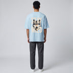 WOFF unisex oversized light blue terry cotton t-shirt with a wolf graphic and Stay Wild text on the back