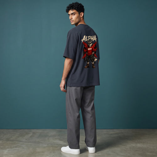 WOFF unisex oversized charcoal cotton t-shirt with Alpha wolf graphic print on back worn by a male model