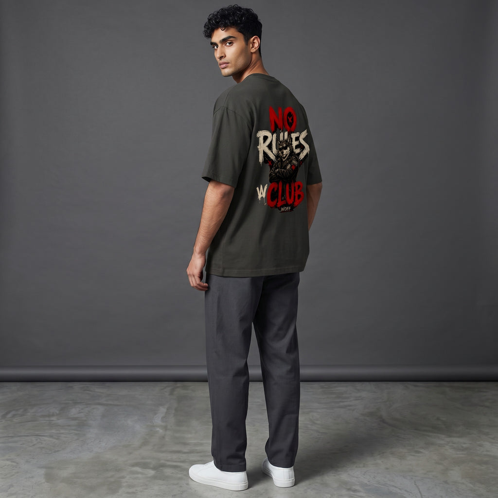 WOFF unisex oversized charcoal cotton t-shirt with No Rules Club graphic print on back, worn by a male model.